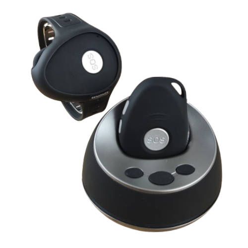 Senionex Notrufarmband mit Lade-Dock. Schwarzes Armband mit SOS-Knopf und Ladebasis.