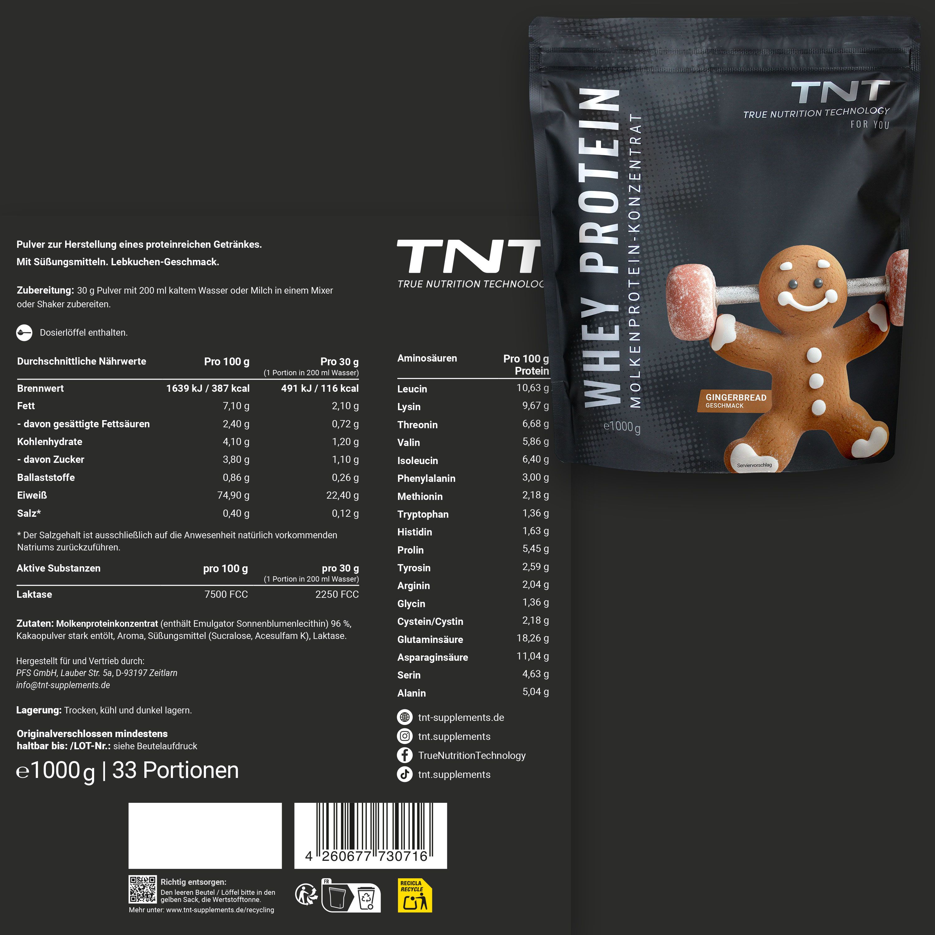 TNT Whey Protein Konzentrat-Beutel und Nährwerttabelle. Aufdruck: e1000g, 33 Portionen. Abbildung eines Lebkuchenmanns.