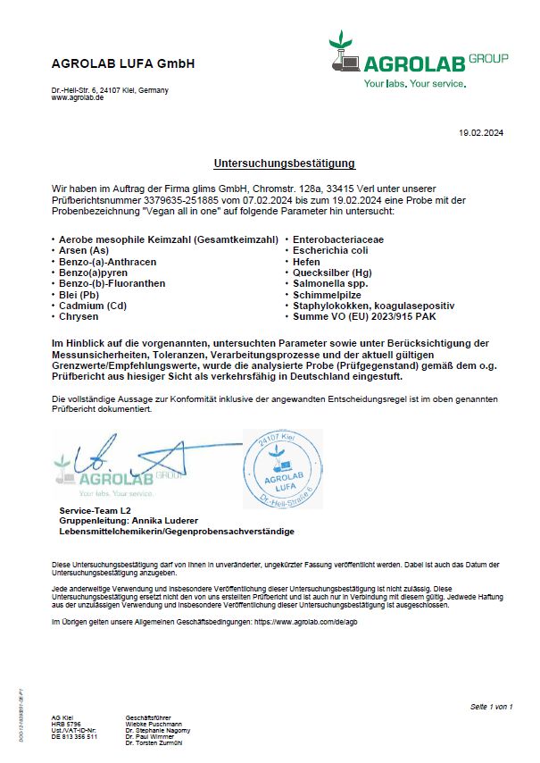 Dokument der Agrolab LUFA GmbH. Enthält Testergebnisse für 'Vegan all in one'. Untersucht auf verschiedene Parameter.
