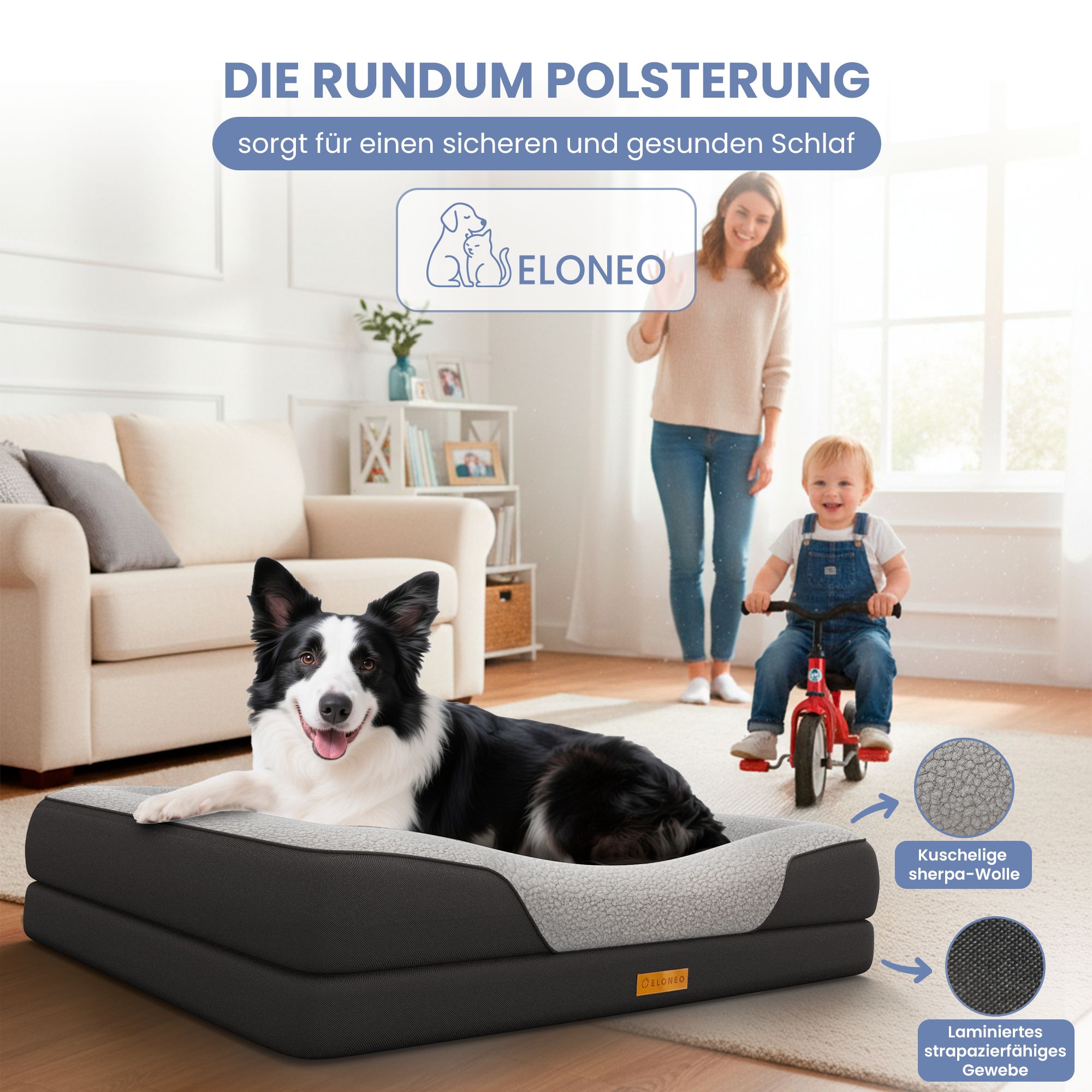 Hundebett im Wohnzimmer. Hund liegt auf dem Bett. Frau und Kind im Hintergrund. ELONEO.
