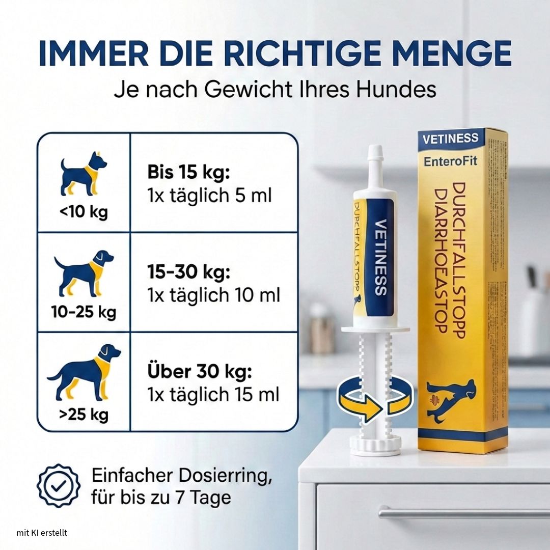 Dosierungsempfehlung nach Gewicht des Hundes. Produkt: Vetiness Durchfallstopp Paste. Mit Dosierring für bis zu 7 Tage.