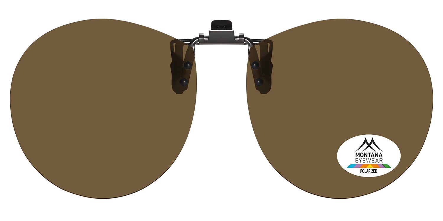 Montana Eyewear Sopot Flip-up-Sonnenbrille mit braunen Gläsern und Logo. Runde Form, polarisiert.