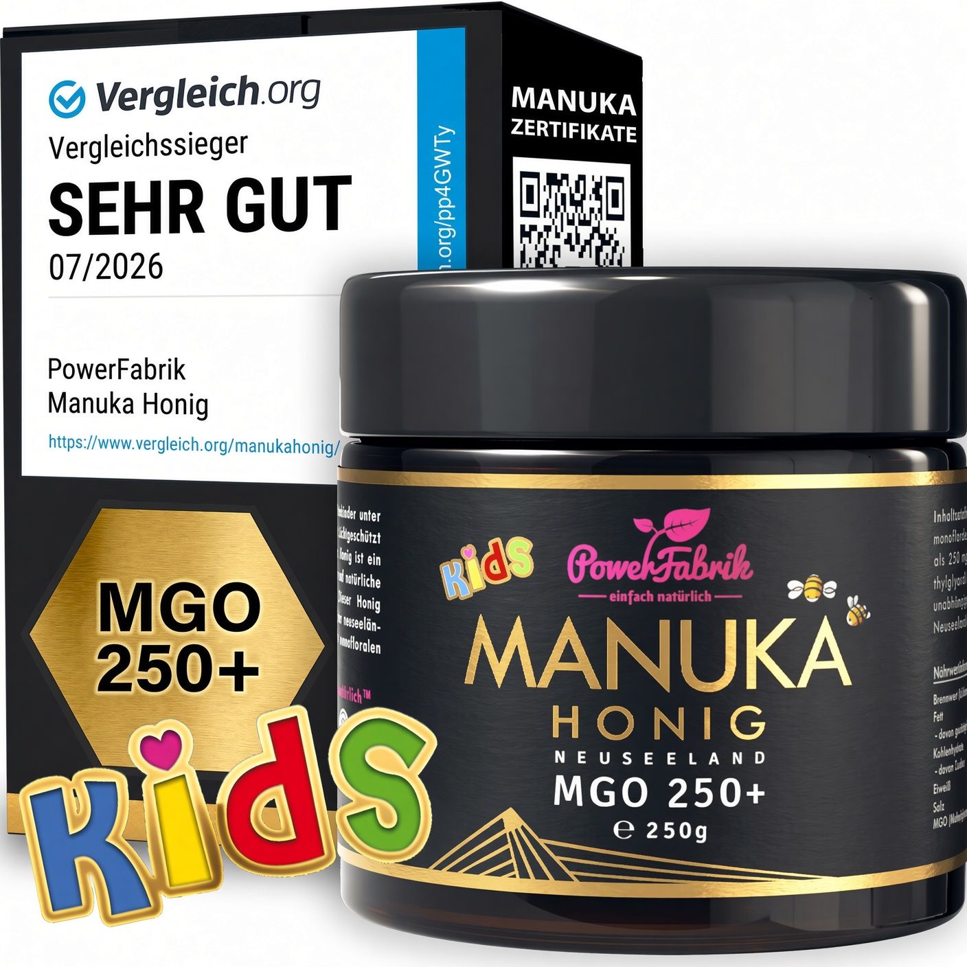 Manuka Honig für Kinder, MGO 250+, 250g Glas mit Kartonverpackung und Siegel.