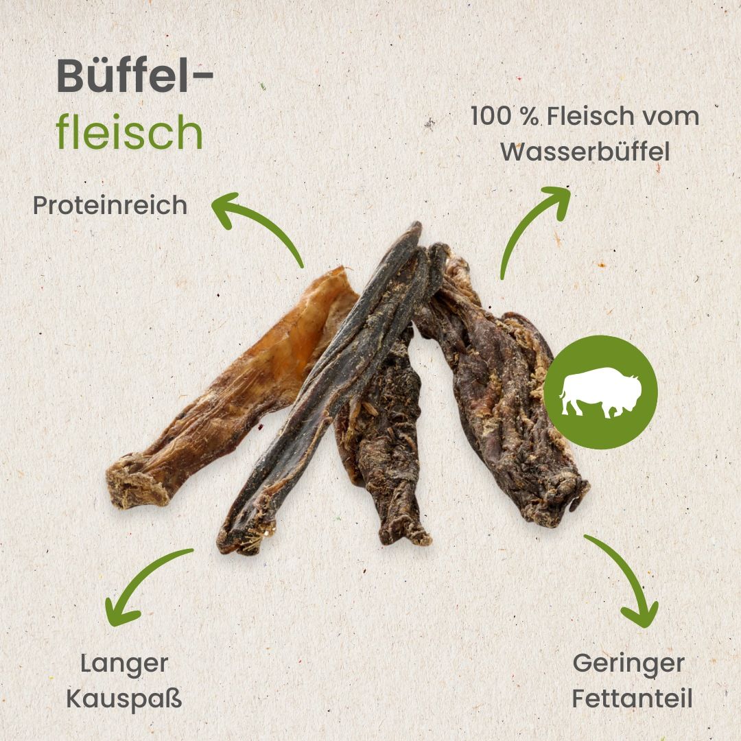 Büffelfleisch Kauartikel: 100% Fleisch vom Wasserbüffel. Proteinreich, geringer Fettanteil, langer Kauspaß.