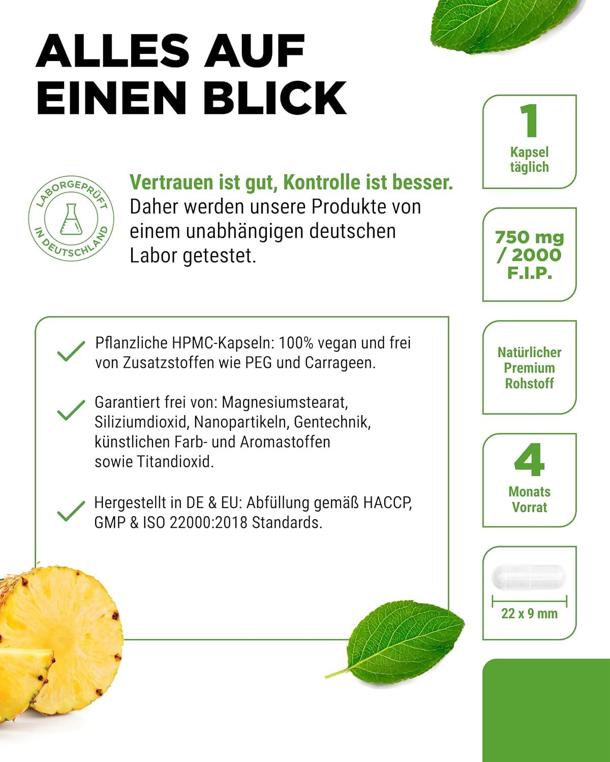Vit4ever Bromelain Intenso Dose mit Details zu Inhaltsstoffen und Lagerung.