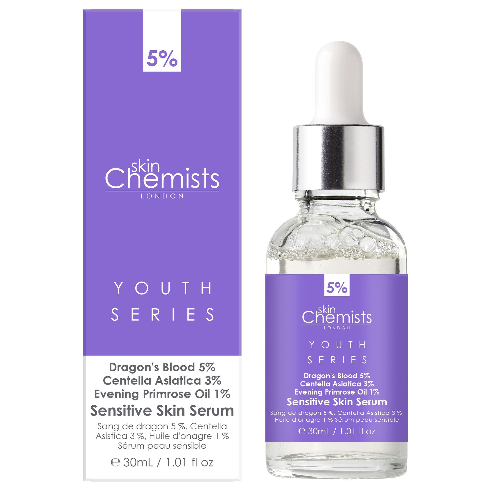 Serumflasche und Verpackung. Lila Etikett mit Text: skinChemists, Youth Series, Sensitive Skin Serum. Enthält 30ml.
