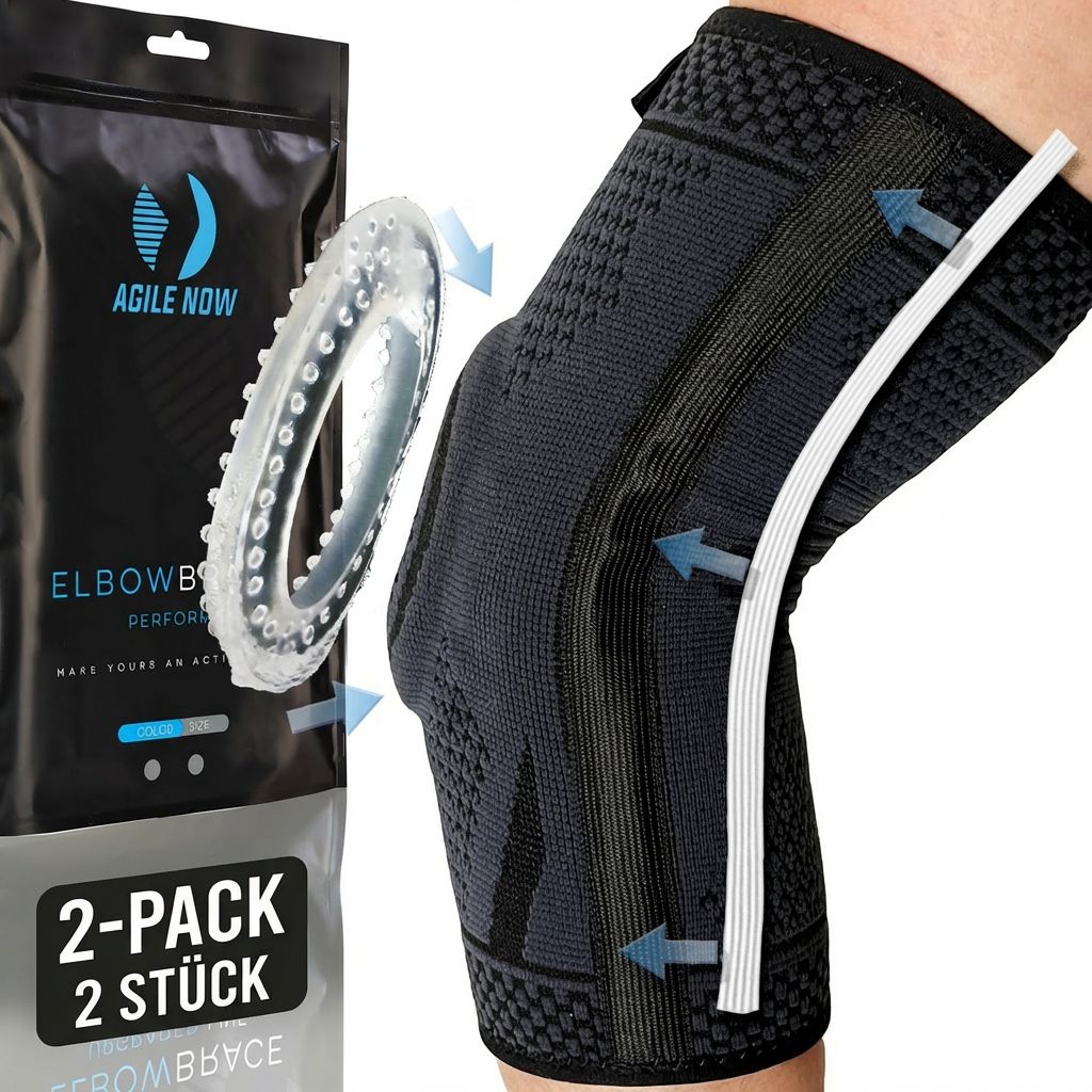 AGILE NOW Ellenbogenbandage Performance Up, 2er-Pack. Schwarze Bandage mit transparentem Gel-Pad und blauen Pfeilen.