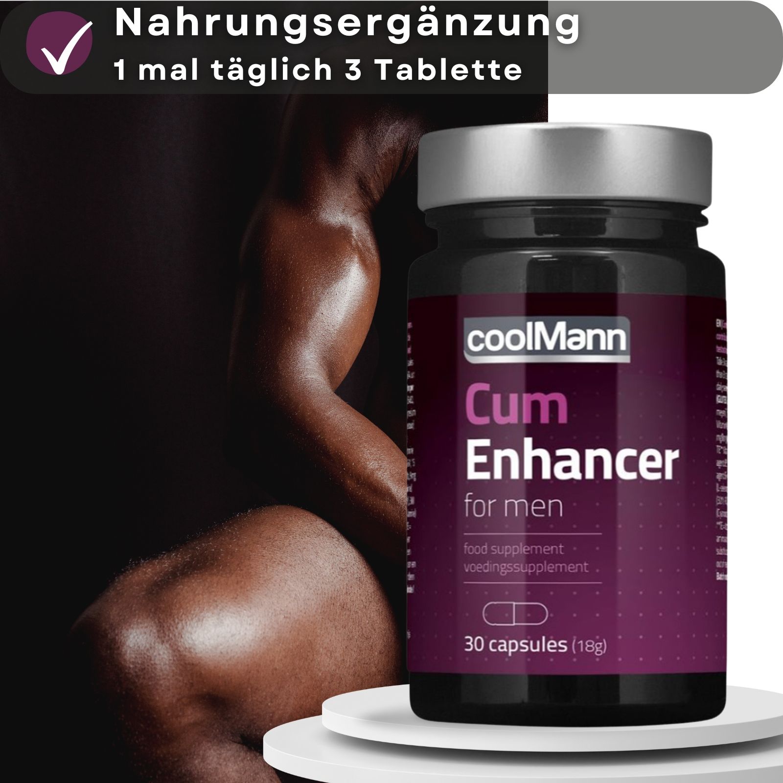 Produktflasche. Text: "coolMann Cum Enhancer for men". Muskelmann im Hintergrund. 30 Kapseln. Silberner Deckel.