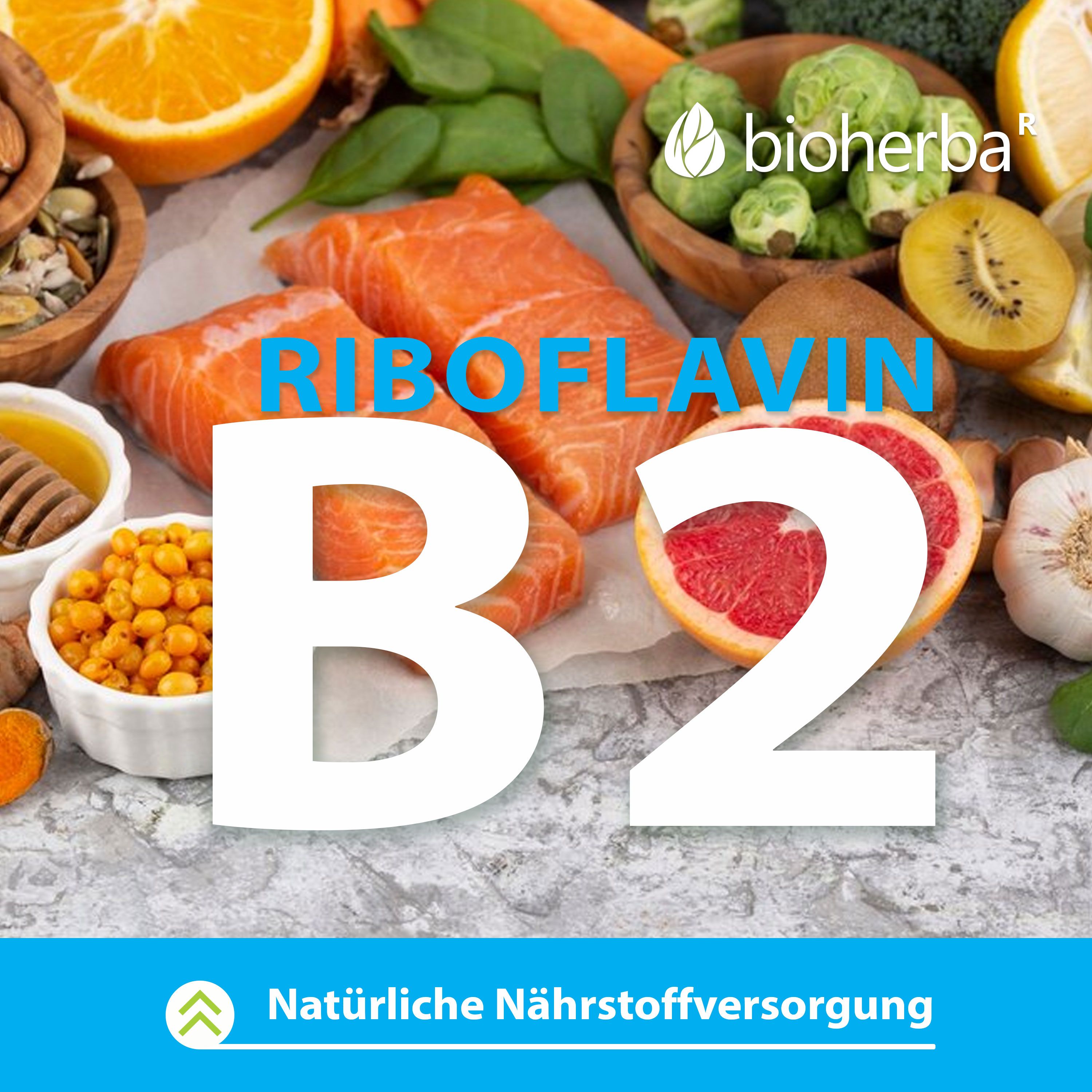 Verschiedene Lebensmittel, darunter Riboflavin B2, umgeben von Obst und Gemüse. Natürliche Nährstoffversorgung.