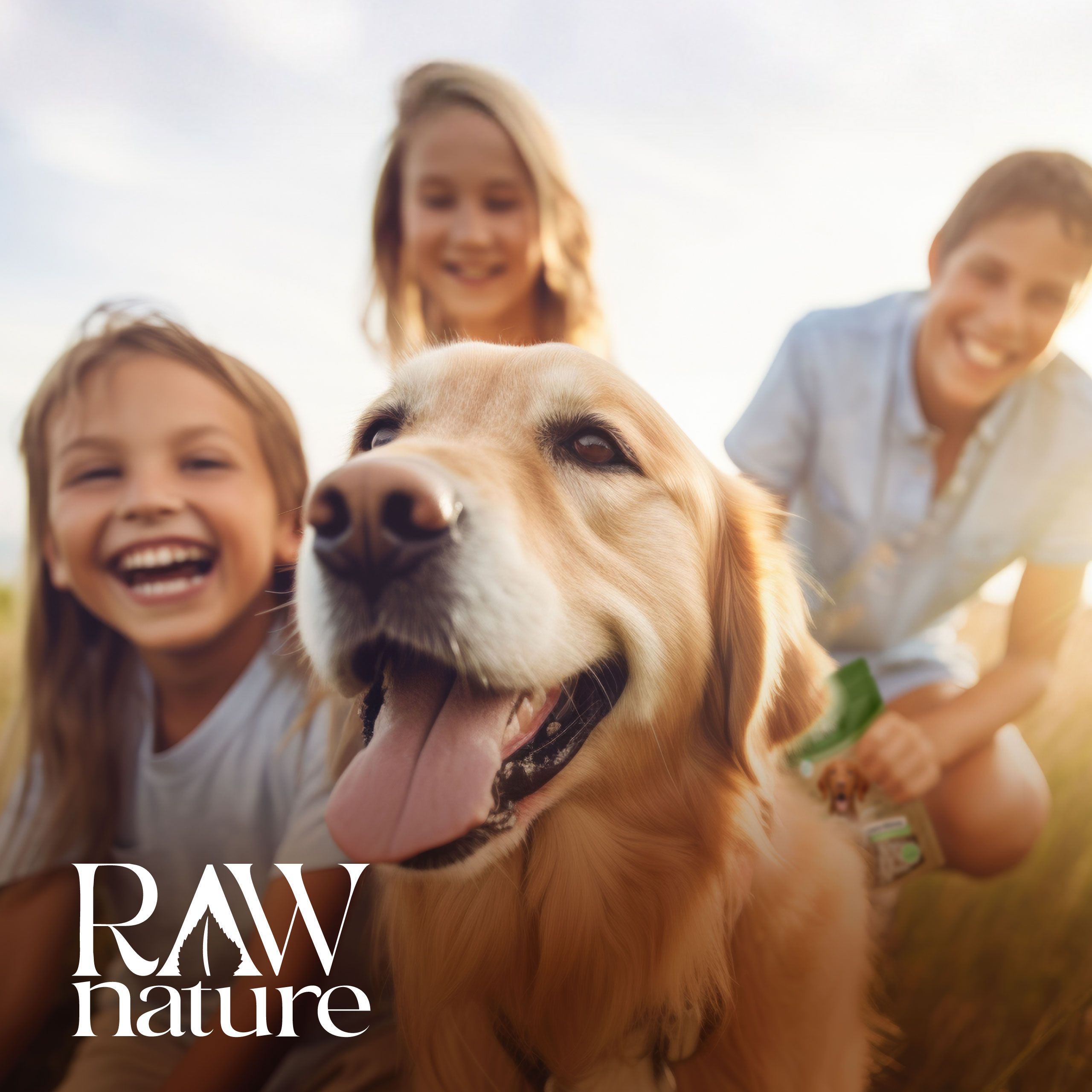 Golden Retriever mit Kindern. Marke RAW Nature. Hund wird mit Kokos-Stick gefüttert.