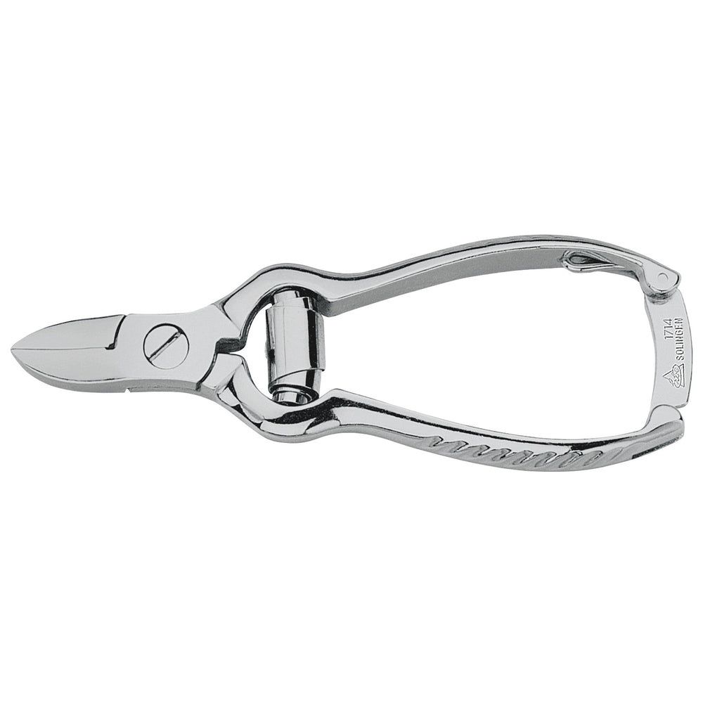 Nagelzange aus Metall. Dunkelgrau, mit gebogenen Griffen und Schneide. Gelenk mit Schraube. Geprägter Schriftzug.