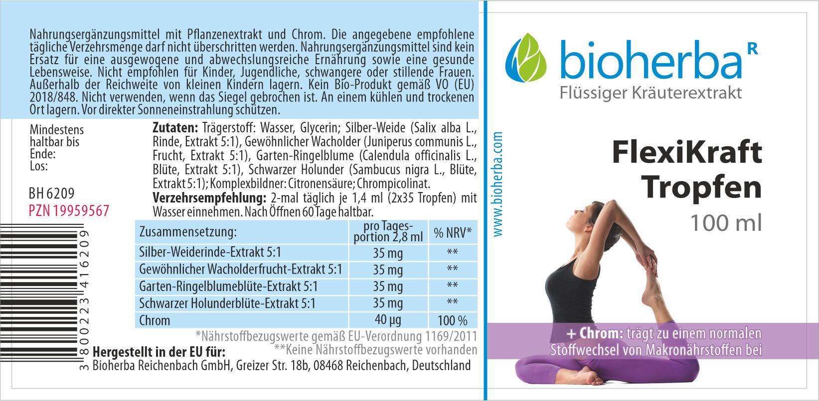 Etikett mit Produktinformationen und Inhaltsstoffen. Enthält Text, Tabellen und Logo. Rechts: Yoga-Abbildung und Produktname.