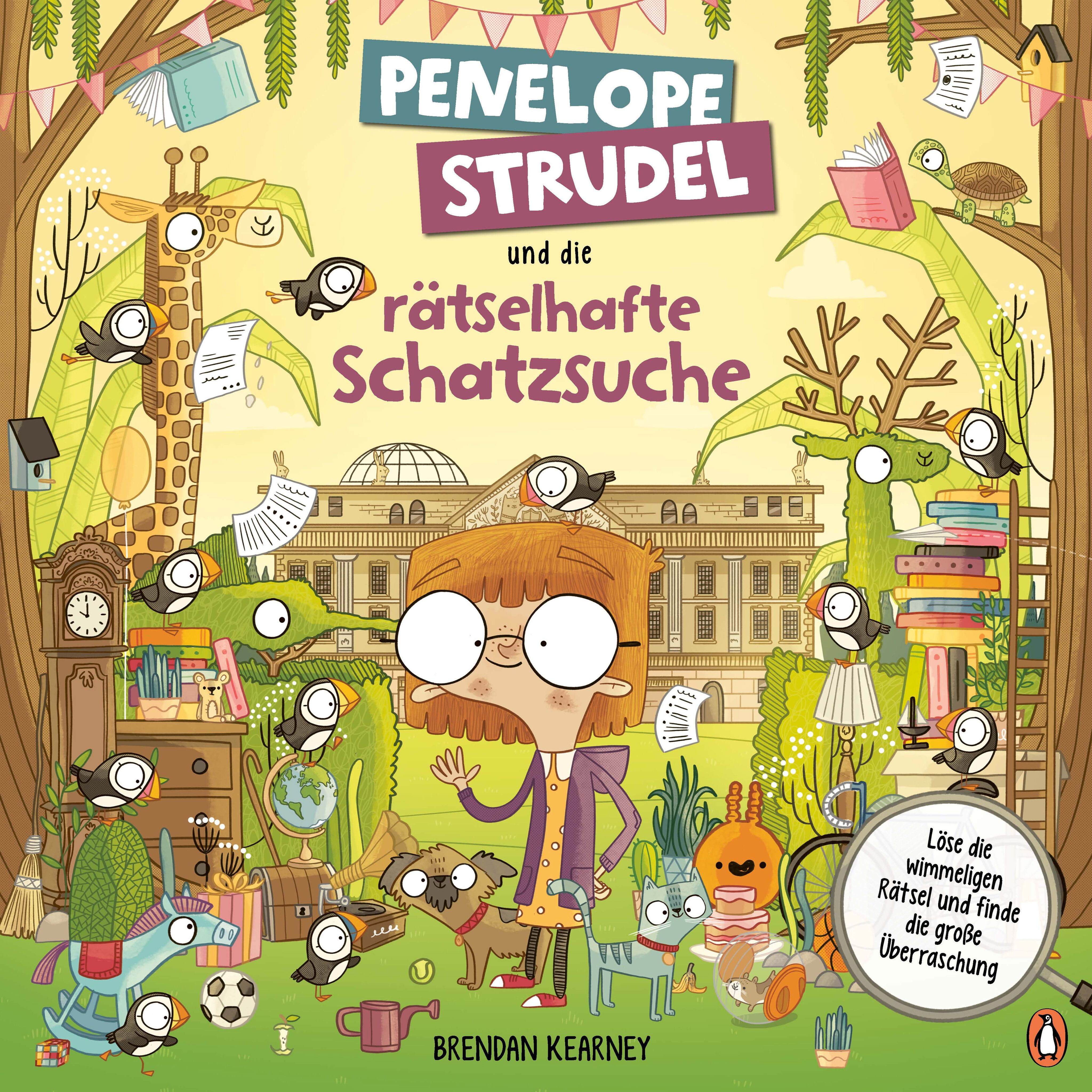 Buchcover: Penelope Strudel und die rätselhafte Schatzsuche. Illustration mit Figuren, Schriftzug und dem Autor Brendan Kearney. Penguin-Logo.