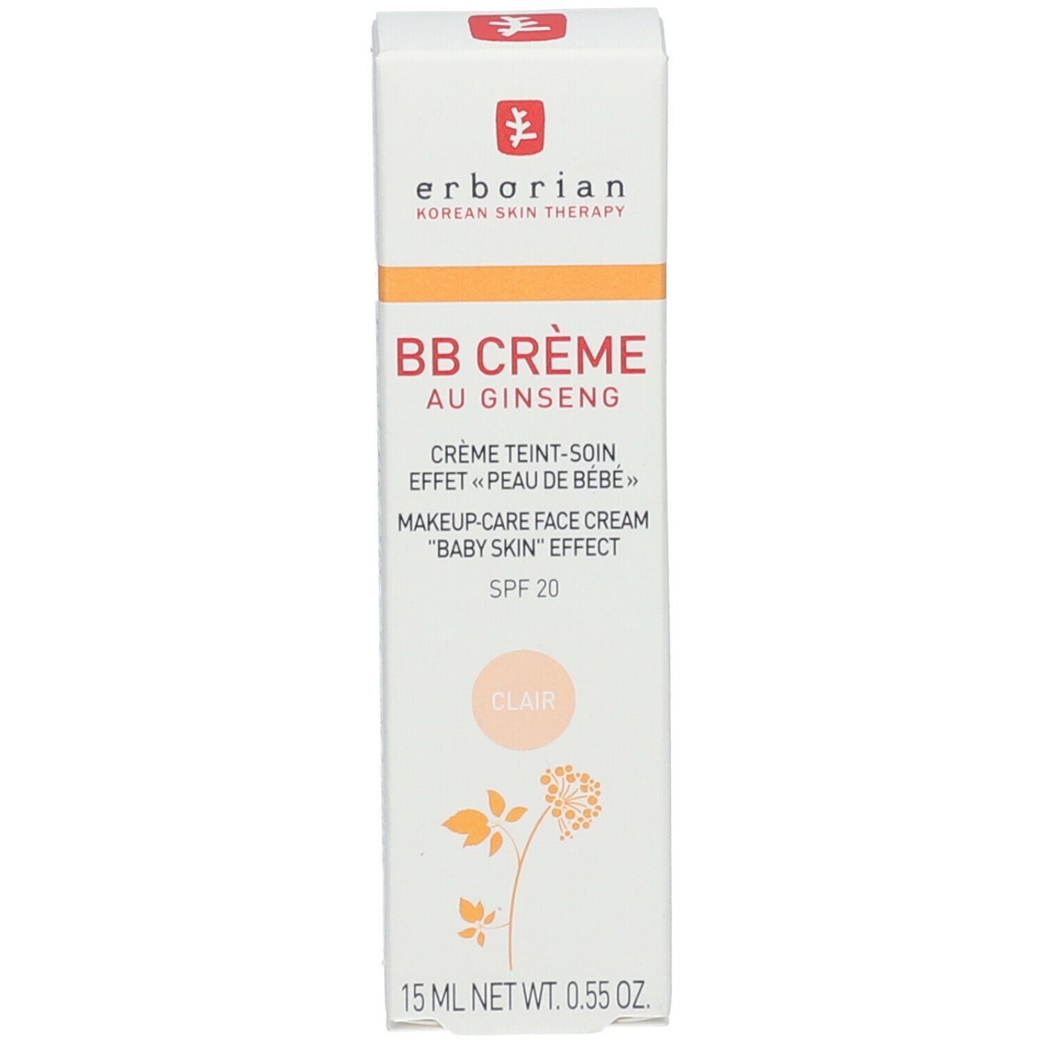 Weiße Schachtel mit roter Schrift. BB Crème au Ginseng Clair, SPF 20. 15 ml. 'Baby Skin' effect.