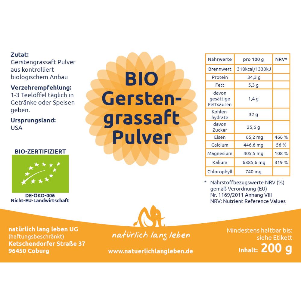 Etikett mit Produktinformationen. Aufschrift: BIO Gerstengrassaft Pulver. Nährwerttabelle. EU-Bio-Siegel.