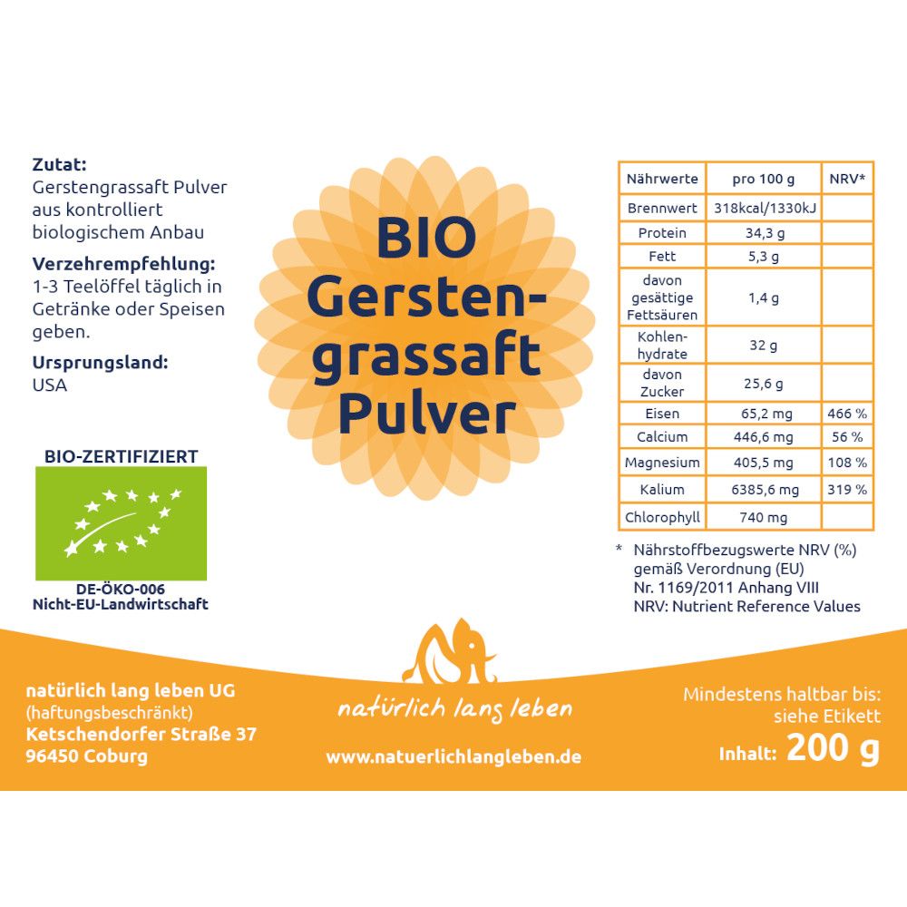 natürlich lang leben BIO Gerstengrassaft Pulver 200 g