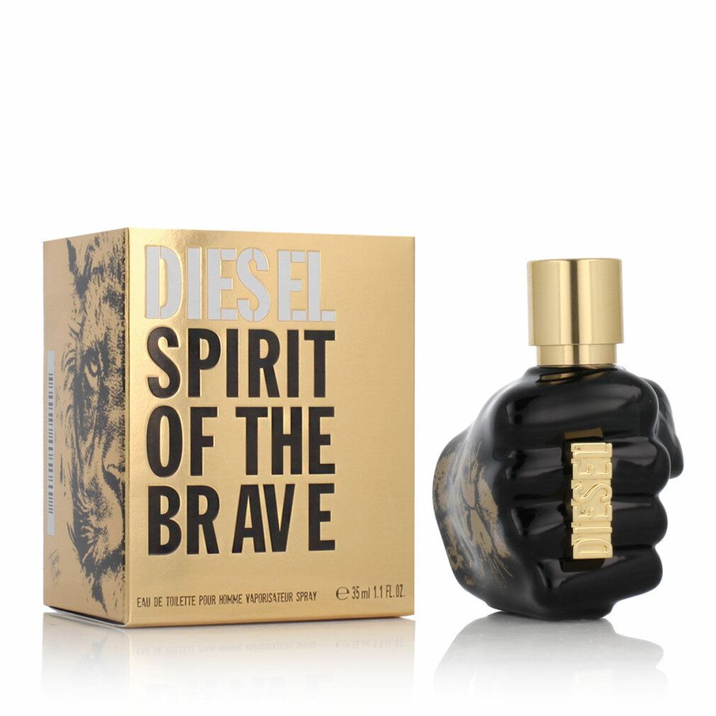 Schwarzer Flakon in Faustform und goldfarbener Karton. Aufschrift: Diesel Spirit of The Brave.