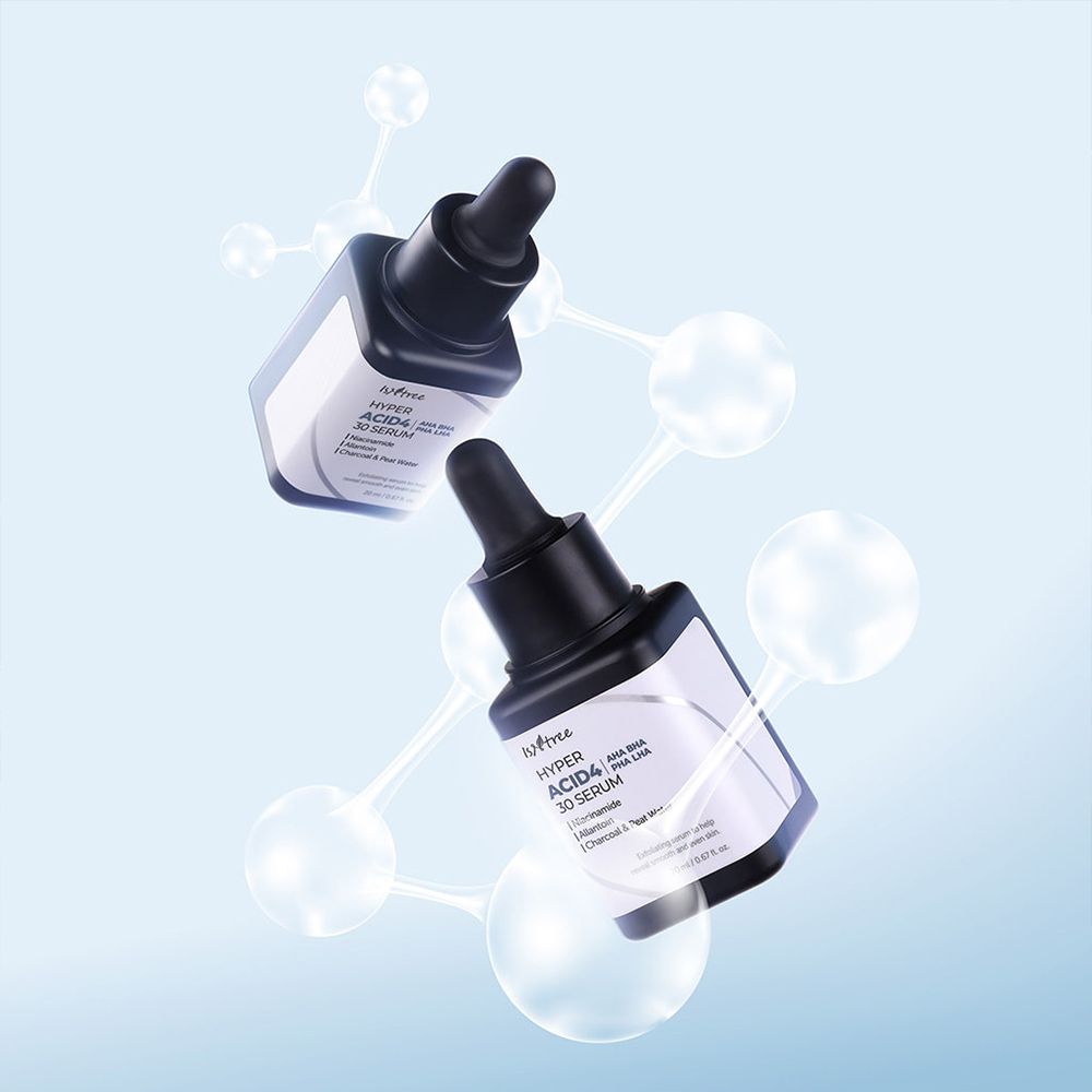 Zwei ISNTREE Hyper Acid4 30 Serum Flaschen mit Molekülstruktur.
