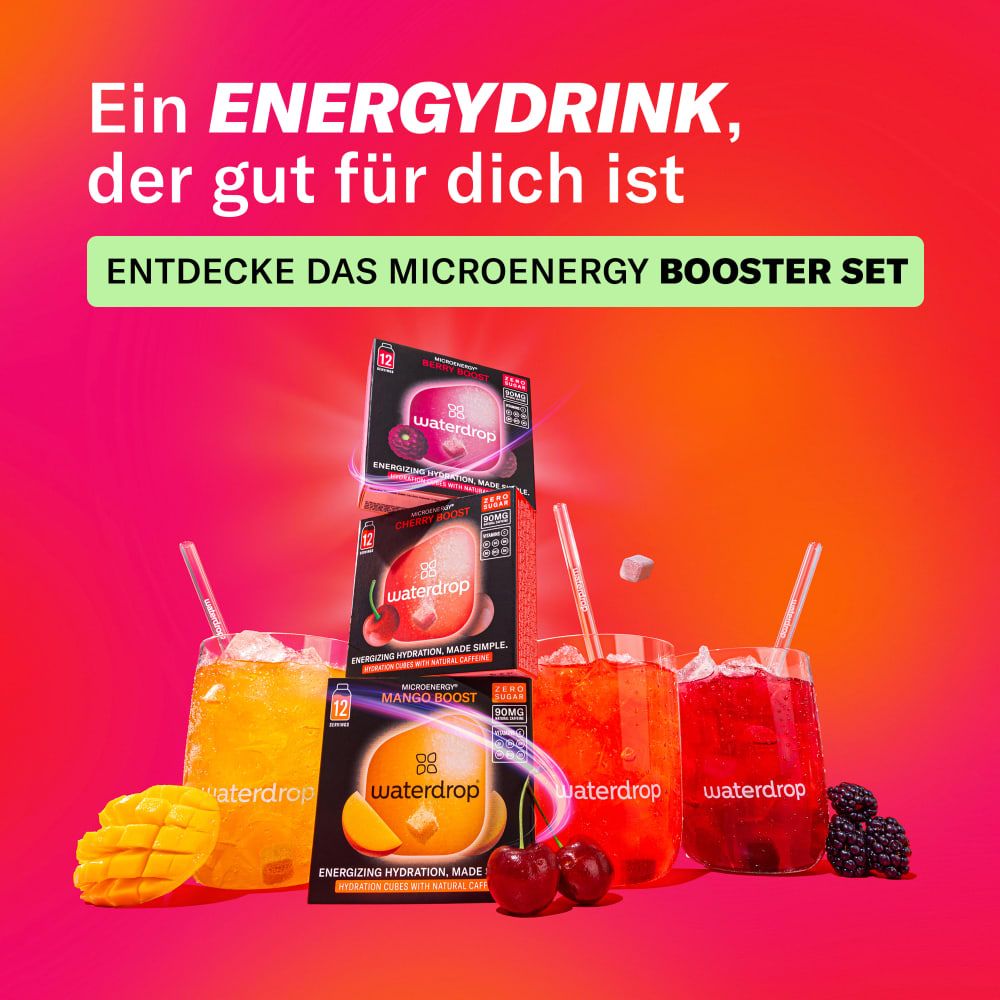 Drei Gläser mit Getränken, Boxen waterdrop® Microenergy Boost Set. Mango, Kirsche, Beere. Text: Entdecke das Microenergy Booster Set.