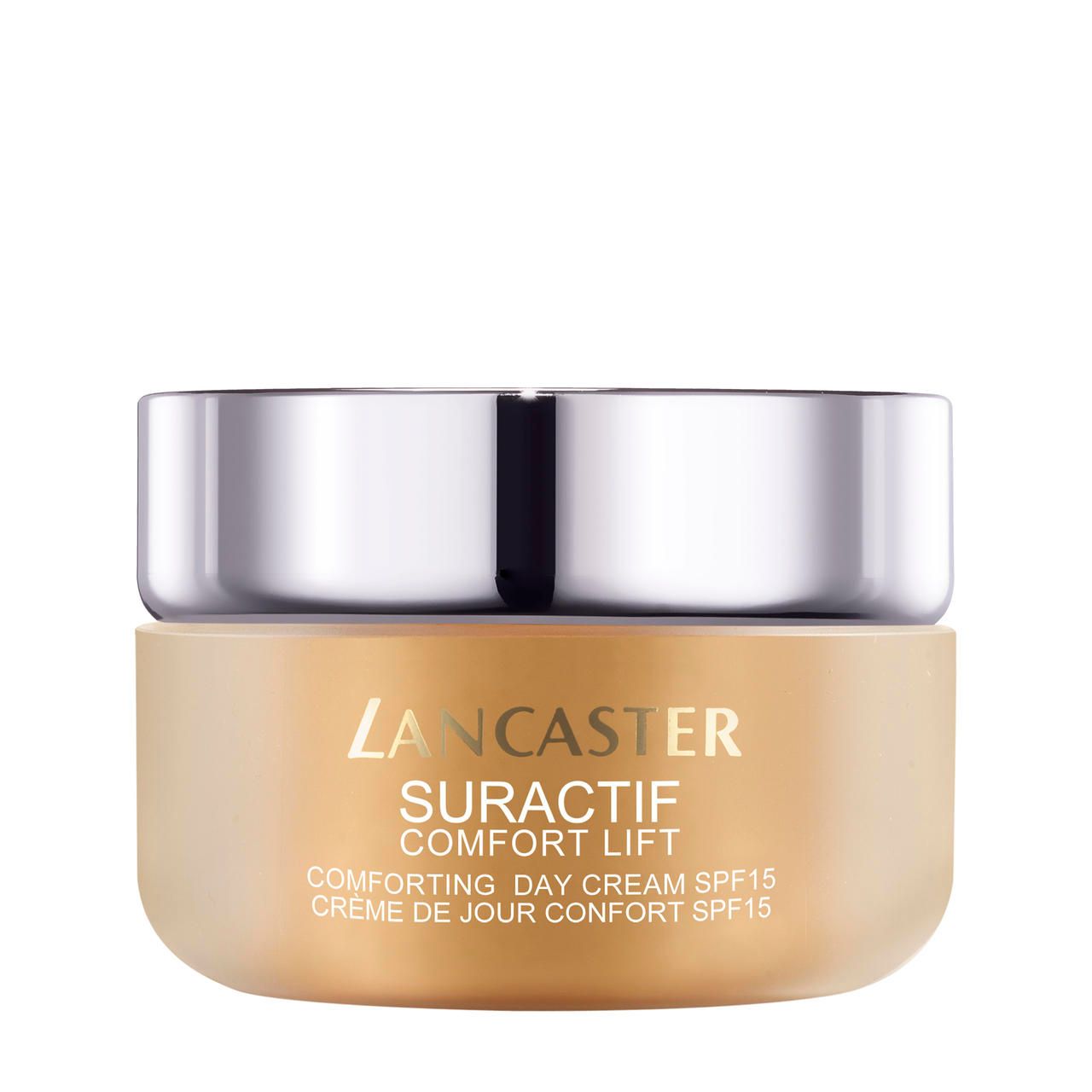 Vaso di crema beige con coperchio argentato. Scritta: Lancaster, Suractif Comfort Lift, Comforting Day Cream SPF15.