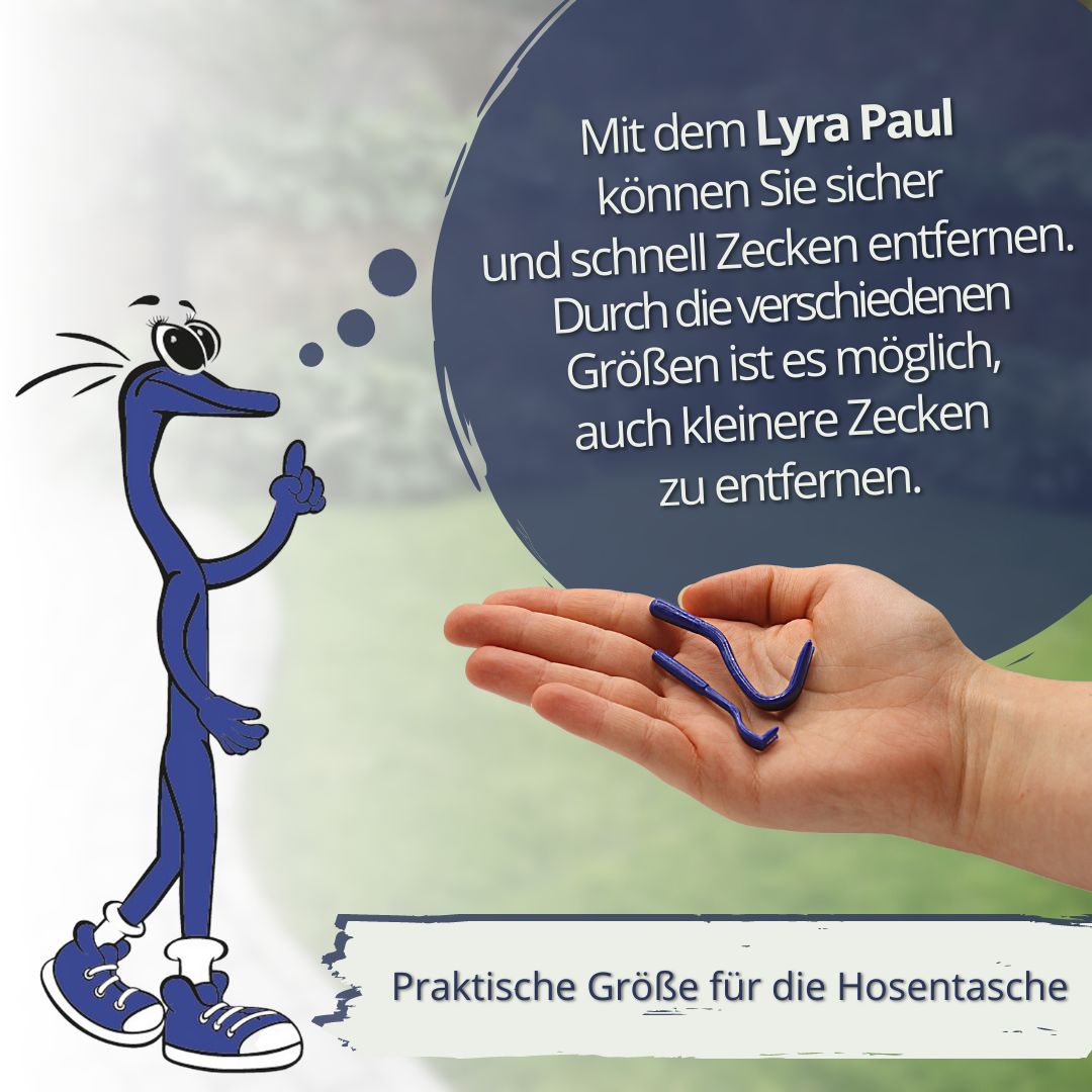 Zeichnung einer blauen Figur, die eine Zeckenzange hält. "Praktische Größe für die Hosentasche."