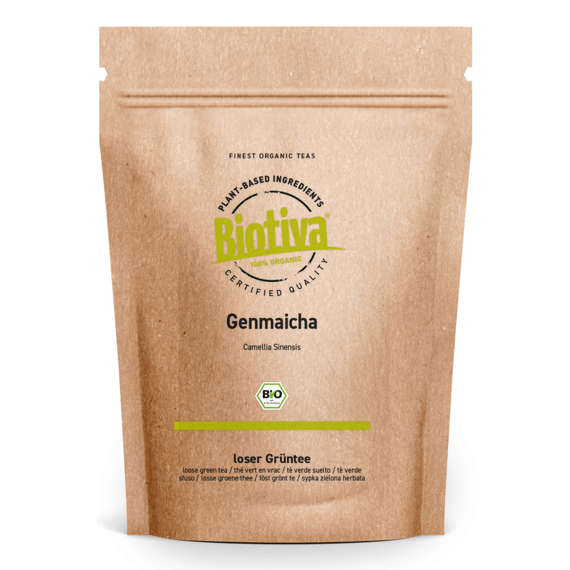 Braune Standbodenbeutel mit Biotiva-Logo und Genmaicha-Aufdruck. Bio-Siegel und Text "lose Grüner Tee".