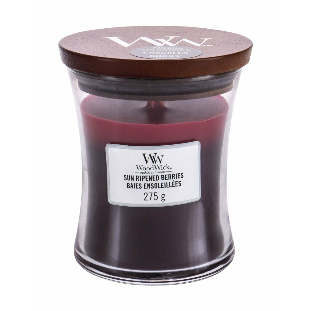 Kerze im Glas mit Holzdeckel. Label mit 'WoodWick Sun Ripened Berries'. Gewicht: 275g. Farben: Rot, Dunkelrot.