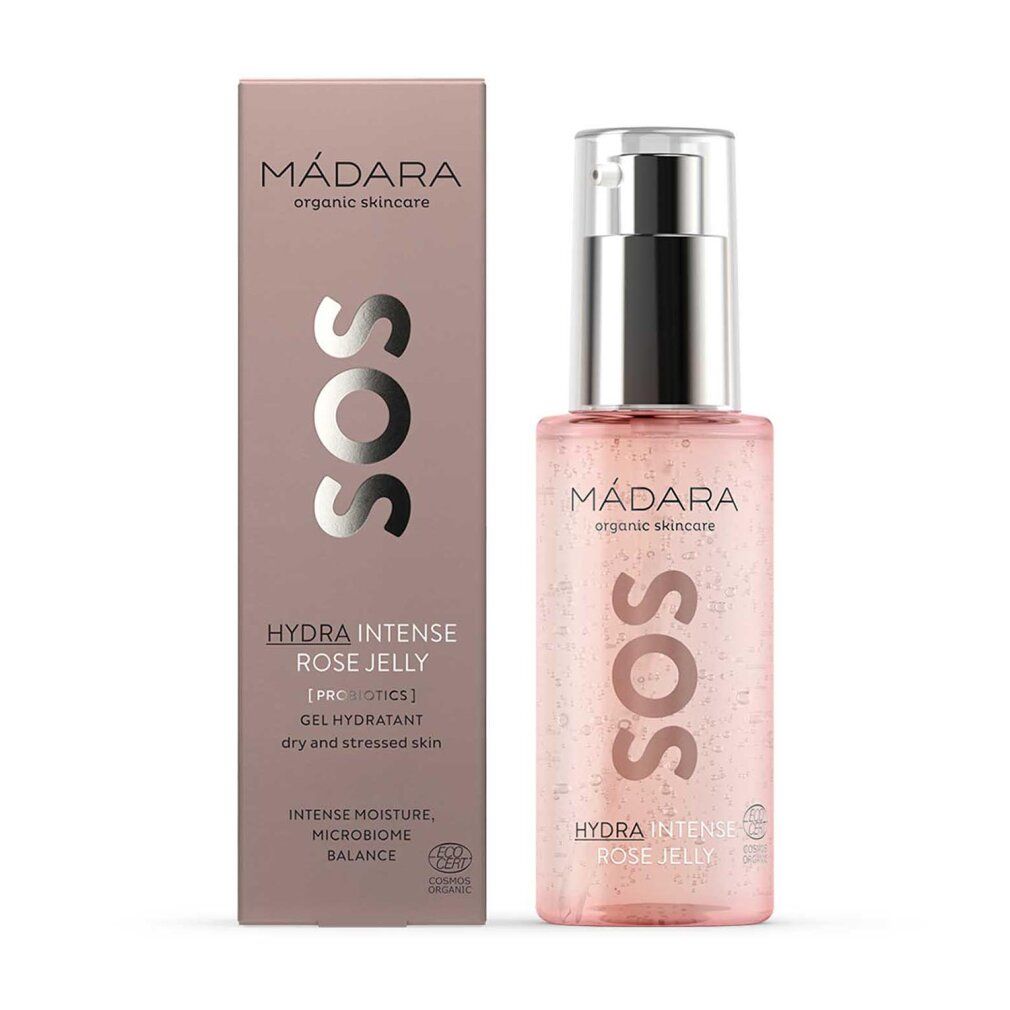 Mádara SOS Hydra Intense Rose Jelly Pumpspender und Umverpackung, Frontansicht.