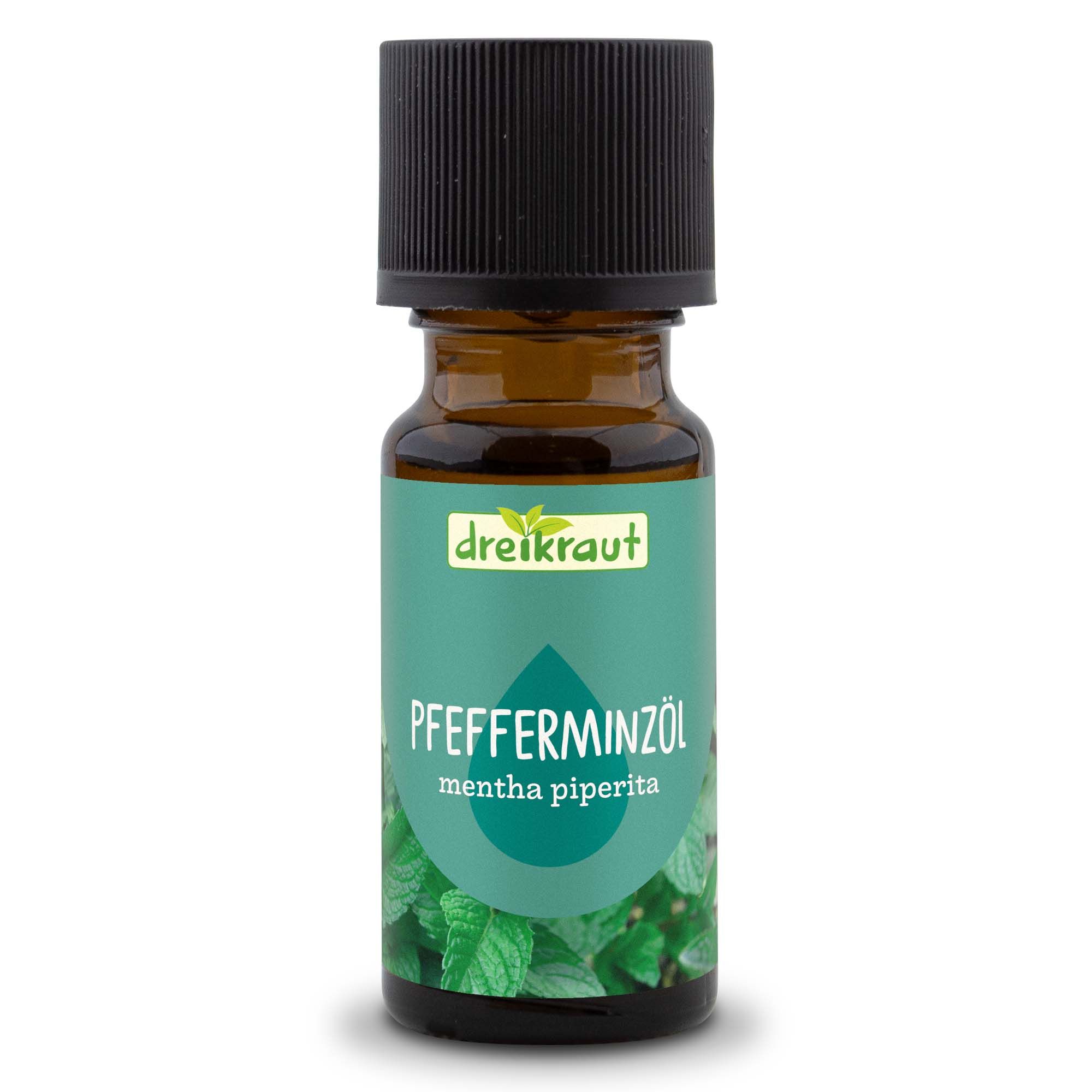 Braune Glasflasche mit schwarzem Deckel. Etikett mit Logo, Tropfensymbol und Schriftzug Pfefferminzöl, mentha piperita.