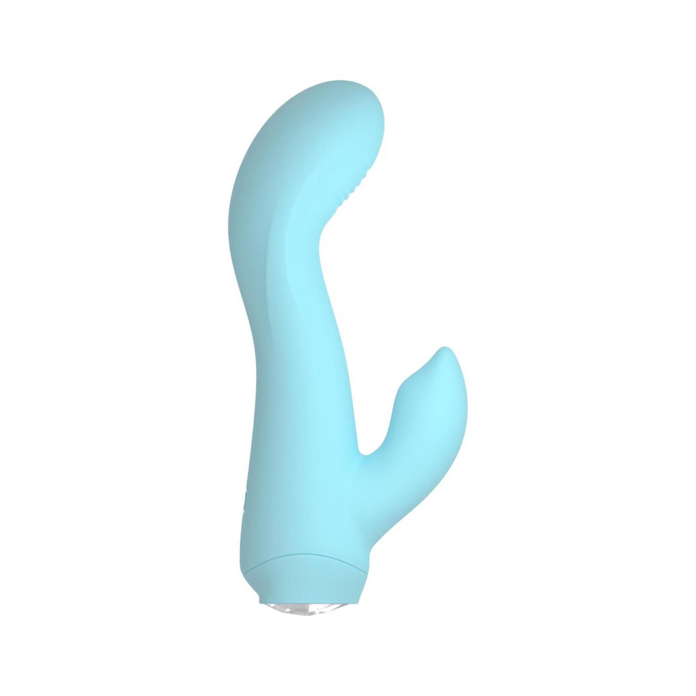 Hellblaues Wellness-Produkt. Gebogene Form mit zwei Enden. Unterseite mit glänzender Oberfläche.