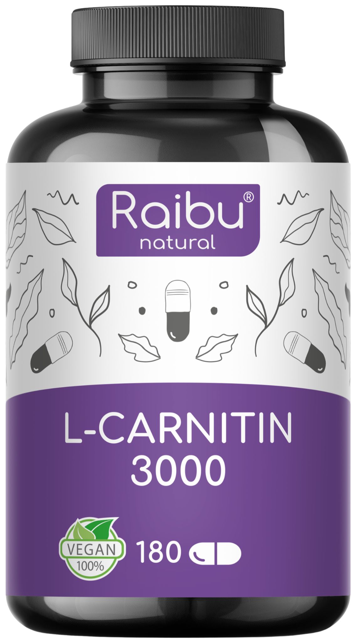 Braune Flasche mit schwarzen Deckel. Aufkleber mit Raibu natural, L-Carnitin 3000, 180 Kapseln. Vegan-Siegel.