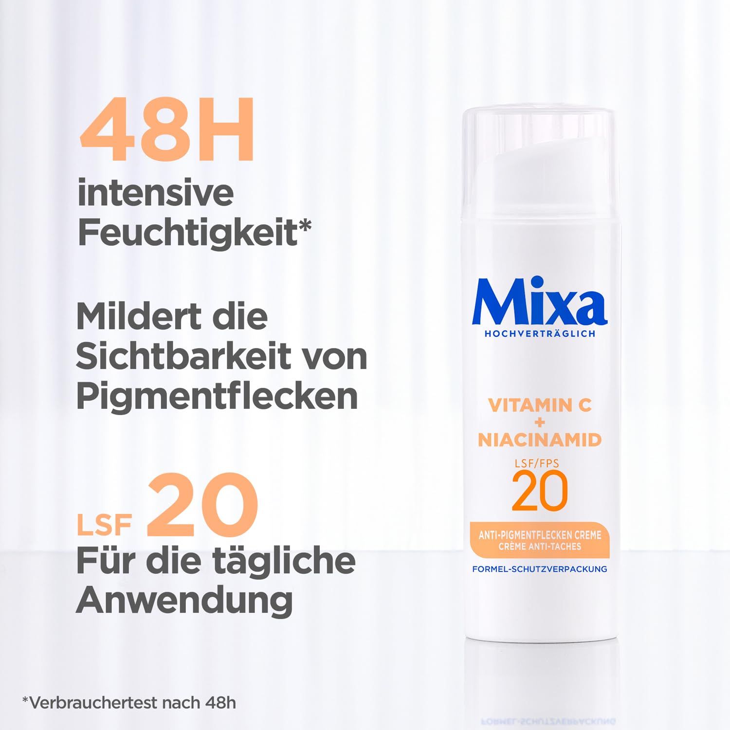 Mixa Creme. 48H intensive Feuchtigkeit. Mildert Pigmentflecken. LSF 20. Für die tägliche Anwendung.