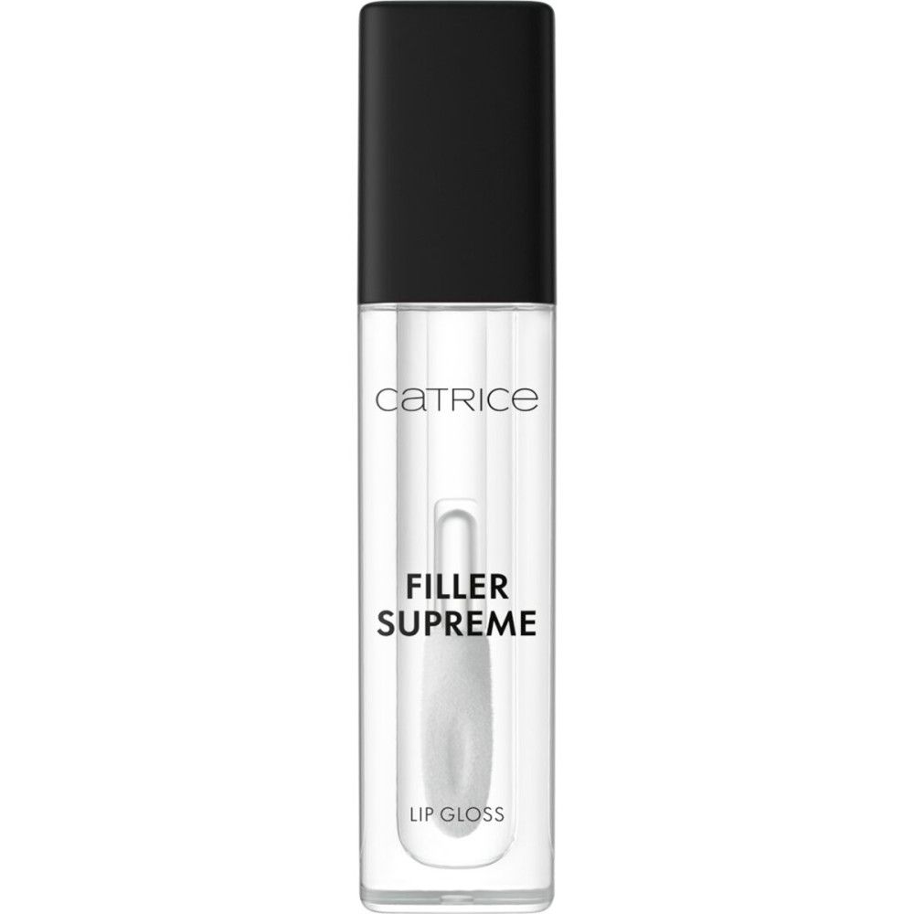 Transparenter Lipgloss in einer Flasche mit schwarzem Deckel. Aufschrift: CATRICE, FILLER SUPREME, LIP GLOSS.