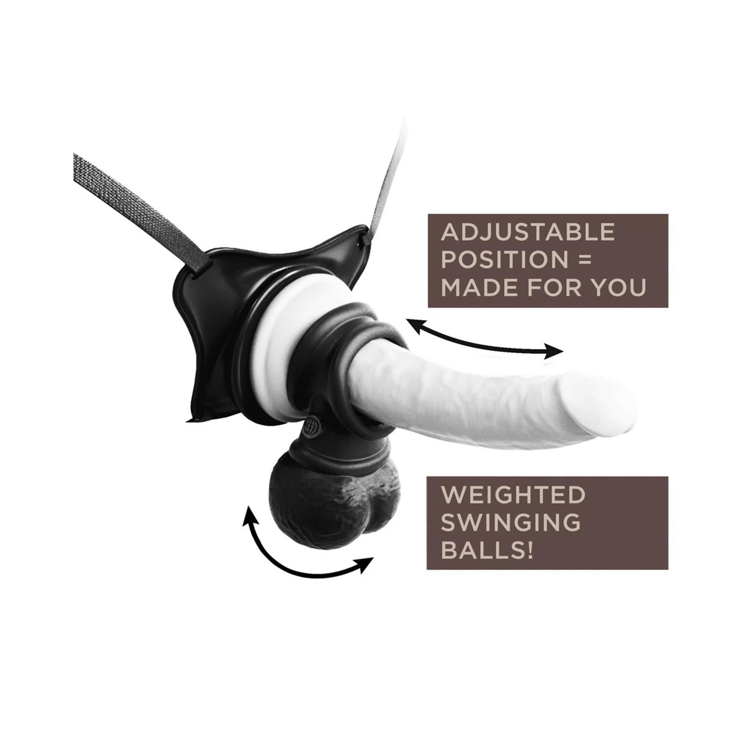 Wellness-Produkt mit Ring, Kugel und Penis. Schwarze Halterung. Text: 'Adjustable Position'.