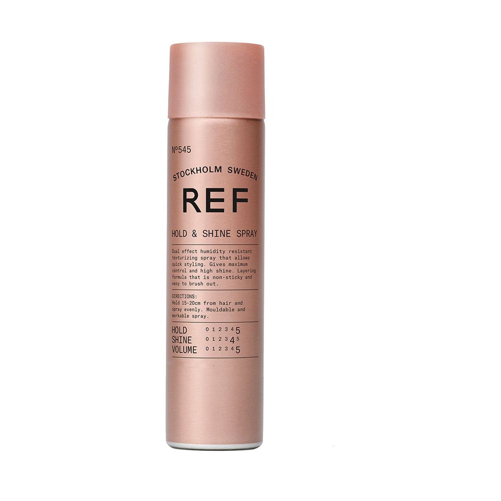 Rosafarbene Sprühflasche. Aufschrift: REF, HOLD & SHINE SPRAY. Textabschnitte und Skala für HOLD, SHINE und VOLUME.