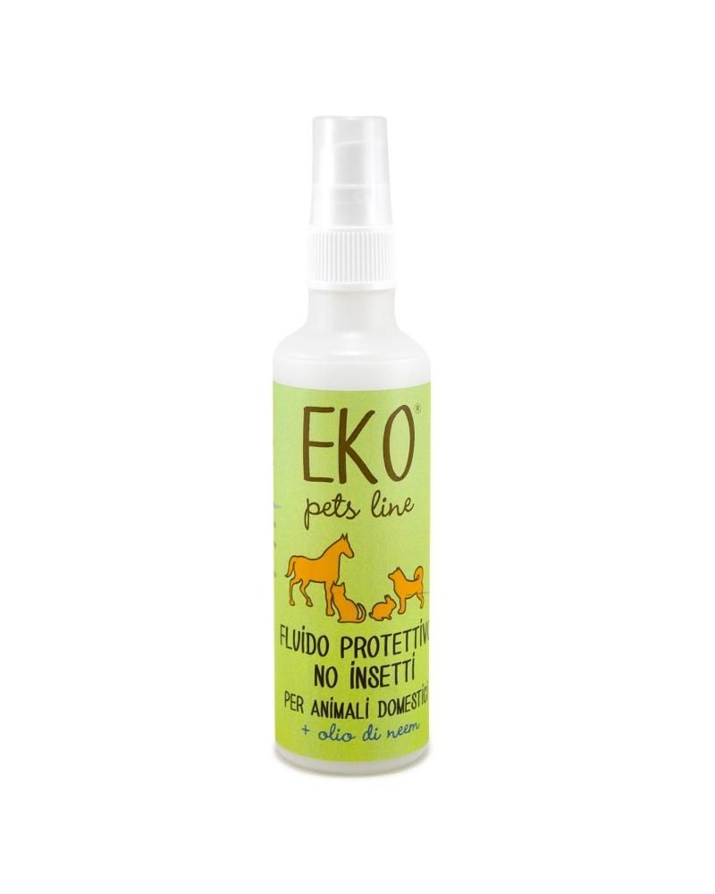 EKO Pets Line fluido protettivo NO INSETTI per animali domestici con olio di neem. Una bottiglia verde con erogatore spray bianco. Il testo "Fluido protettivo, NO insetti" e un'illustrazione arancione di animali sono visibili.