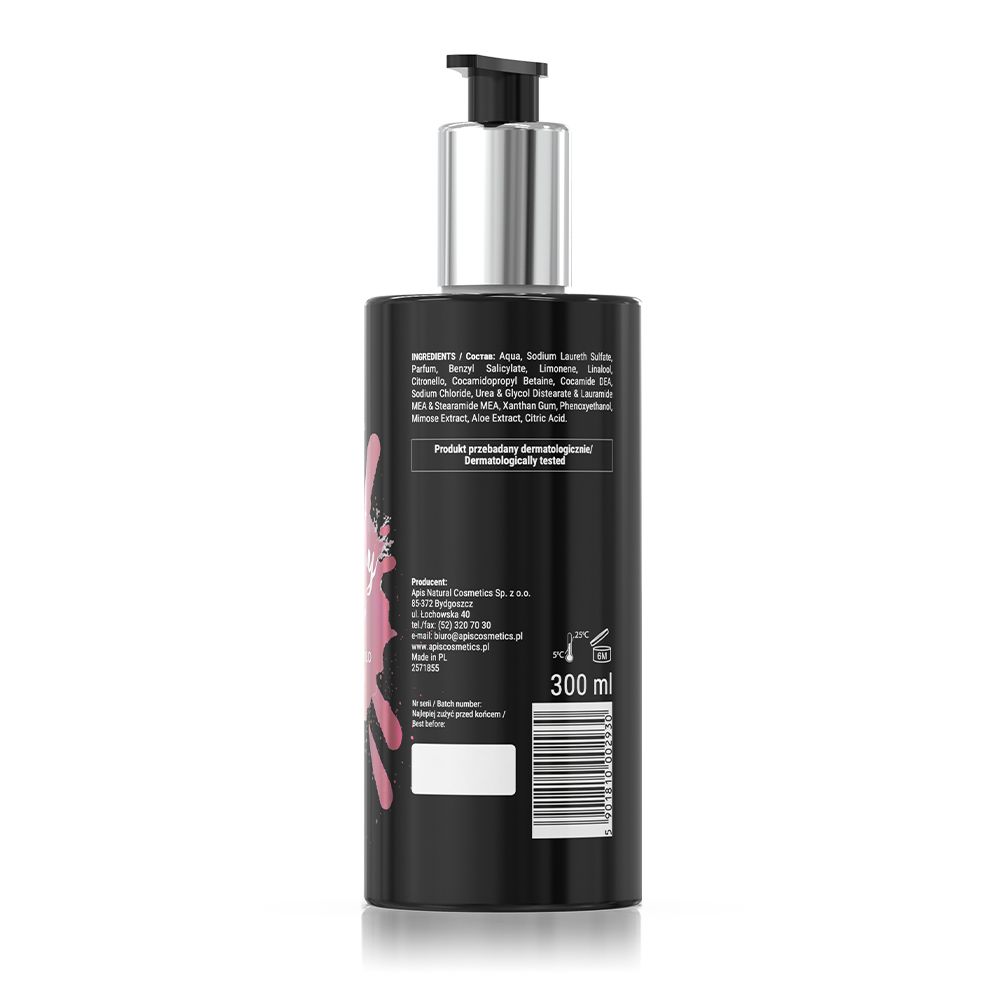 Rückseite der schwarzen Flasche mit Dosierpumpe. Rosa Aufdruck. Text mit Inhaltsstoffen und Herstellerangaben. 300 ml.