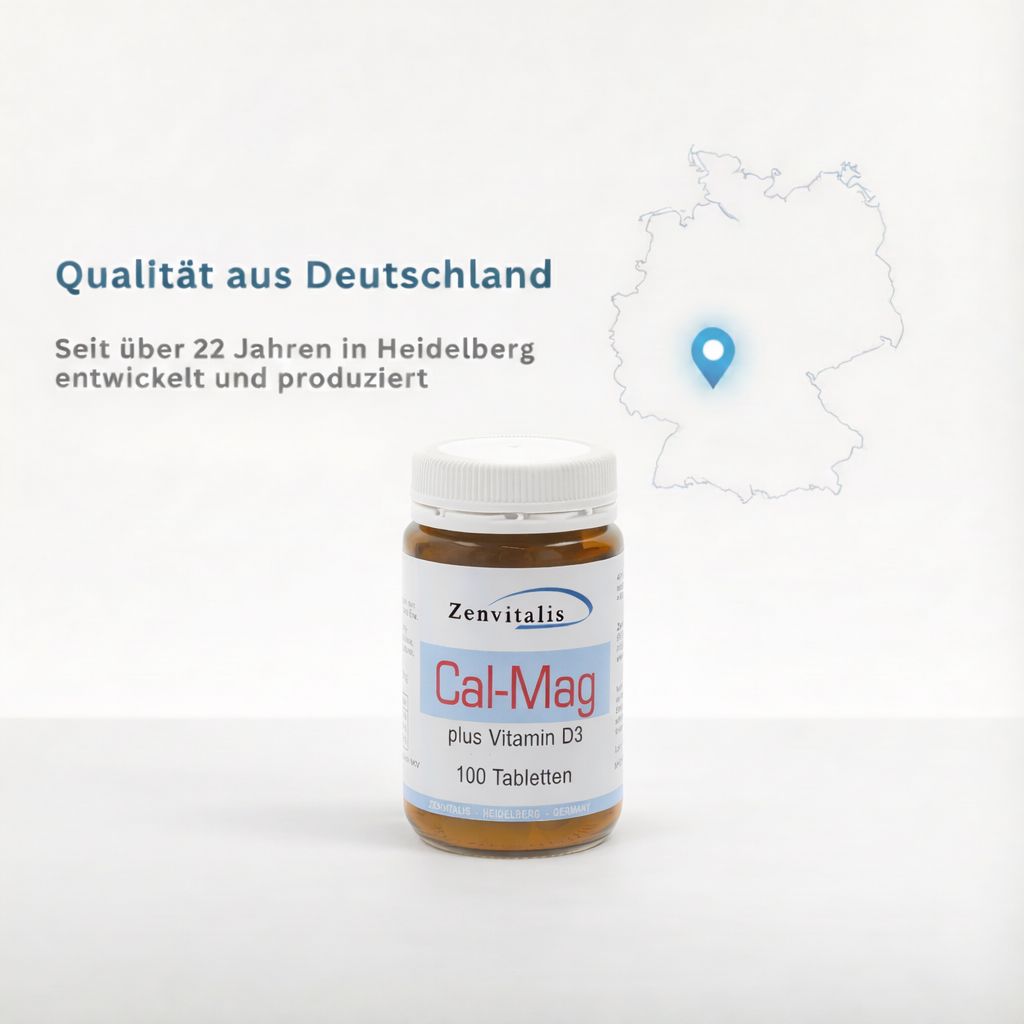 Tablettenflasche mit Text: Zenvitalis Cal-Mag plus Vitamin D3, 100 Tabletten. Text: Qualität aus Deutschland.