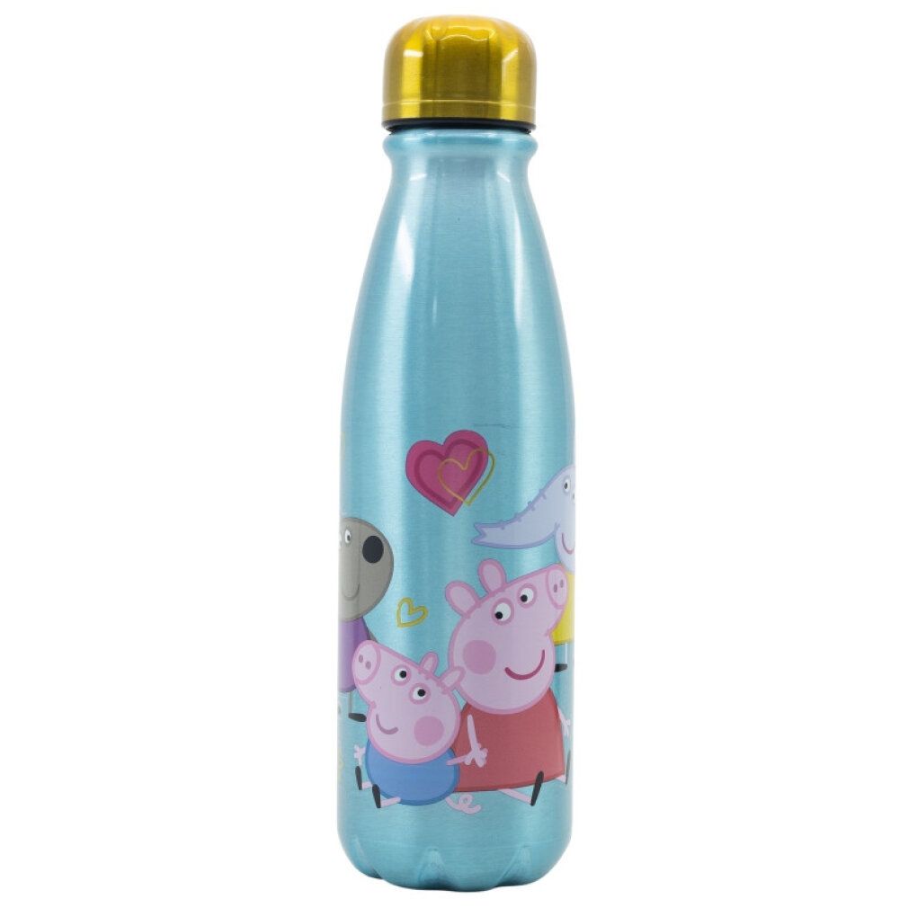 Hellblaue Trinkflasche mit goldfarbenem Deckel. Mit Peppa Wutz-Motiv. Aluminium-Trinkflasche.