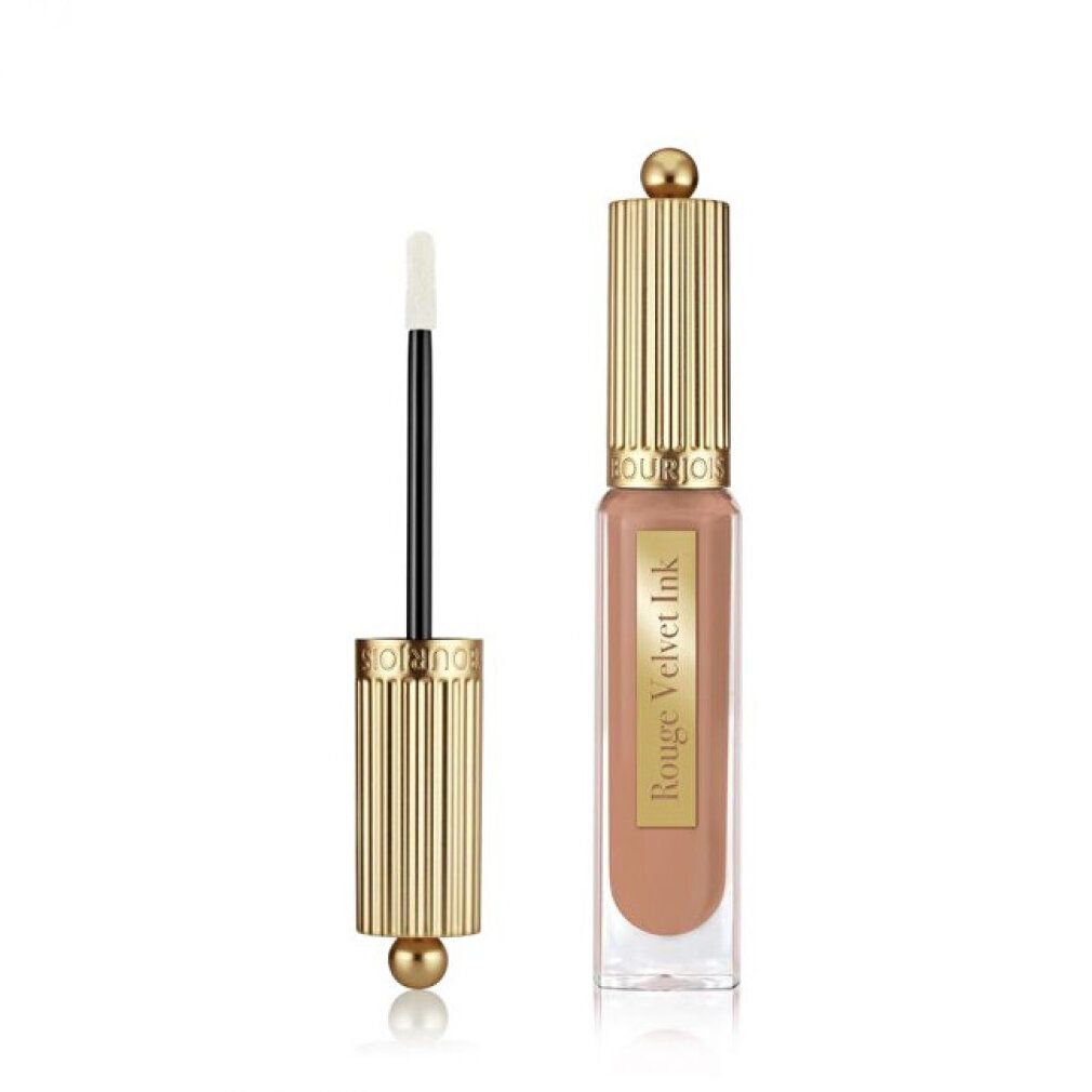 Bourjois Rouge Velvet Ink Lippenstift, geöffnet. Goldfarbener Deckel und Applikator. Sichtbare Produktfarbe.