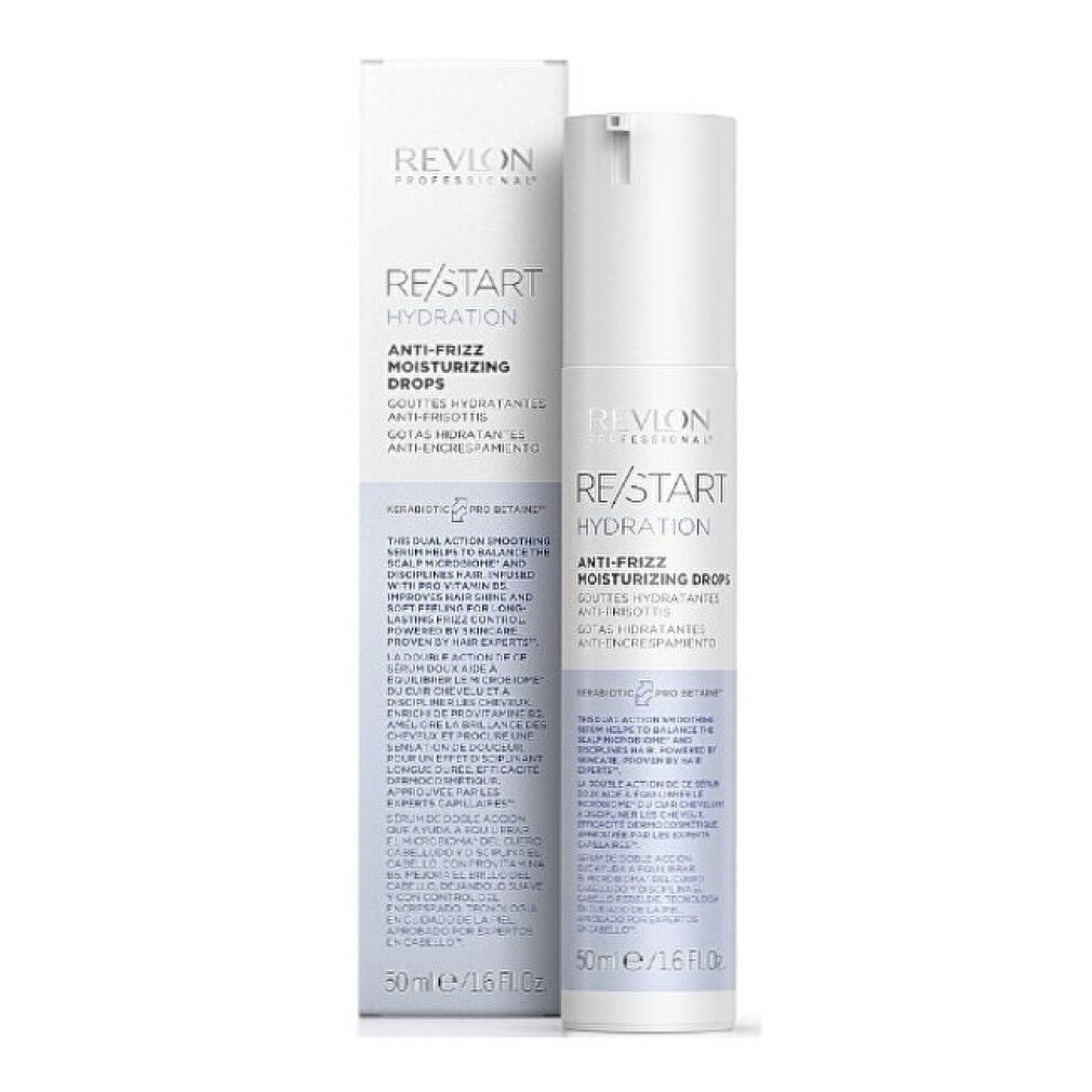 Produktflasche und Verpackung. Text: RE/START Hydration Anti-Frizz Moisturizing Drops. 50ml/1.6 fl oz.