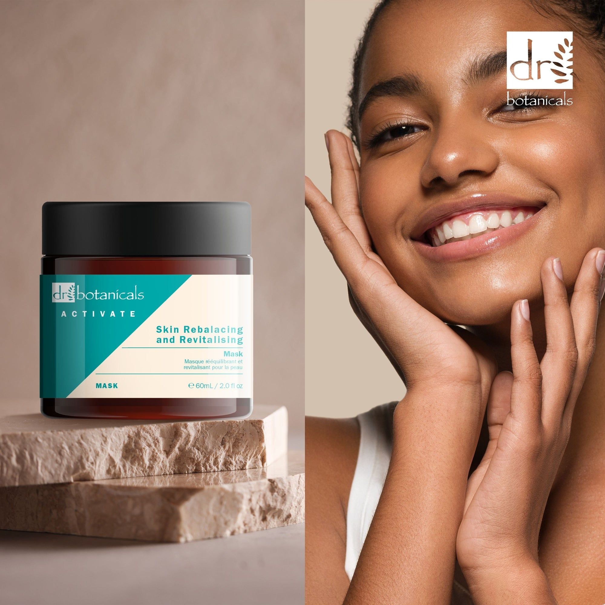 Braune Glasdose mit schwarzem Deckel neben einer Frau. Etikett mit Produktnamen und Marke. Text: Skin Rebalacing and Revitalising Mask.