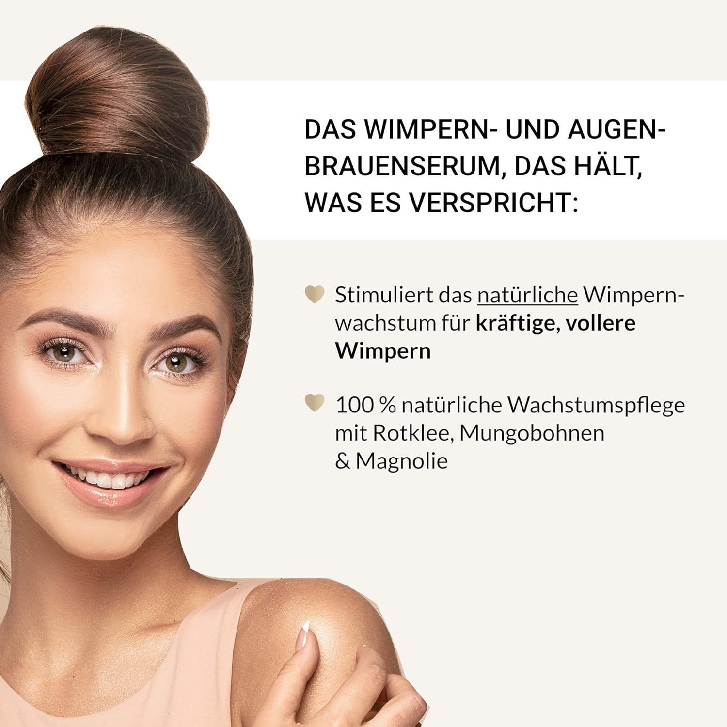 Frau mit Zopf und Text über Cosphera Neverending Lashes, das natürliche Wimpernwachstum stimuliert.