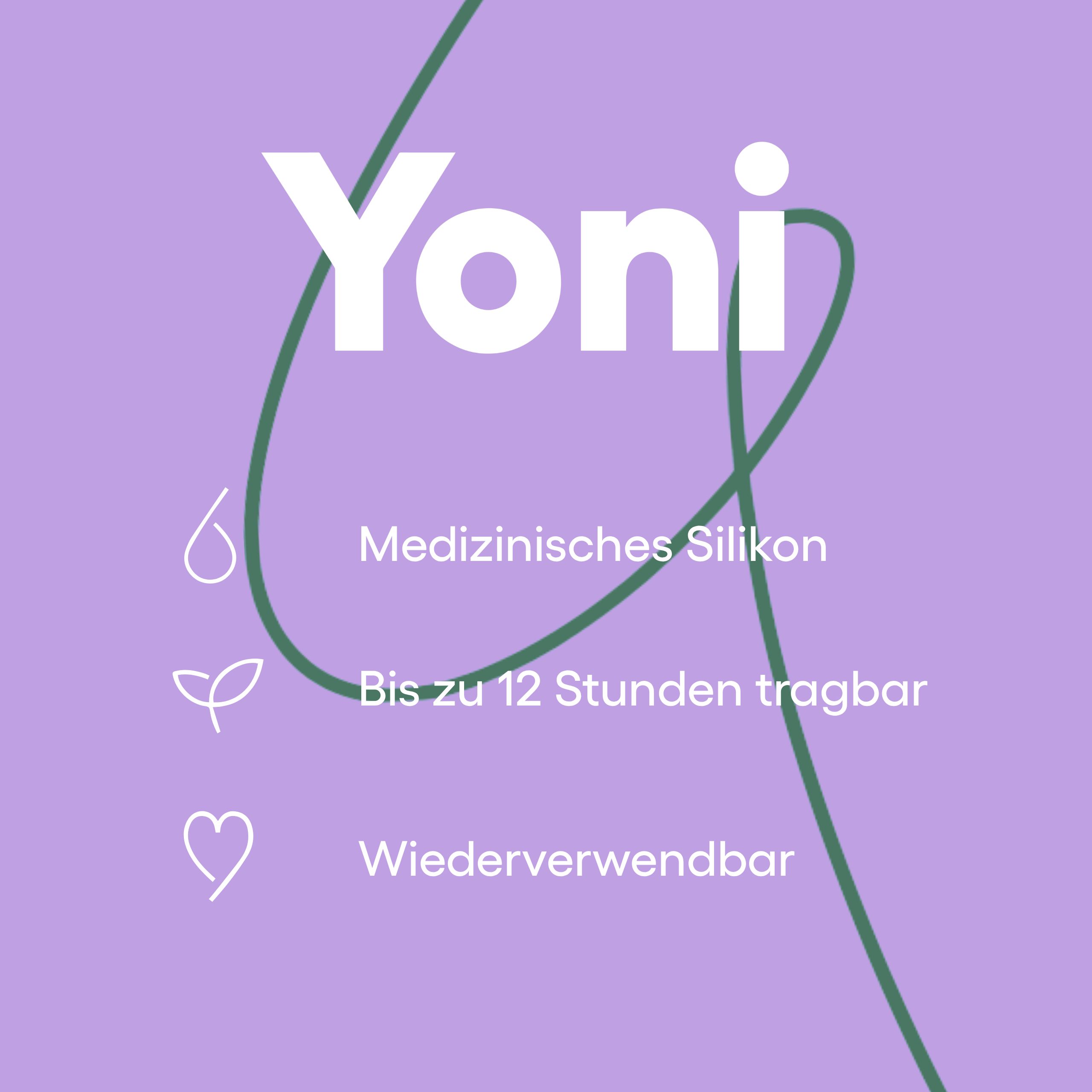 Lila Verpackung mit "Yoni" Schriftzug. Menstruationstasse, Größe 2. Medizinische Silikon.