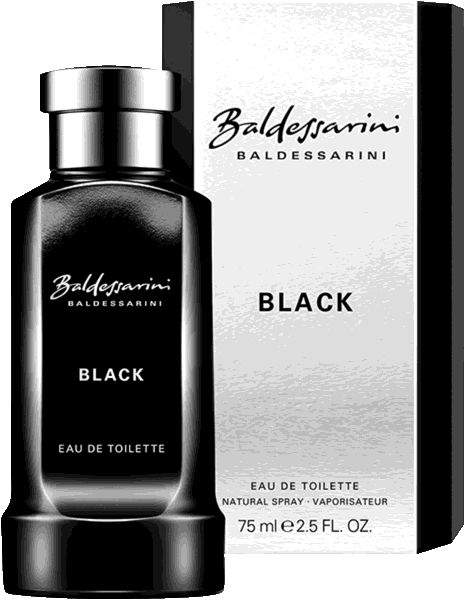 Schwarze Flasche und Verpackung. Aufschrift: Baldessarini Black Eau de Toilette. Silberner Deckel.