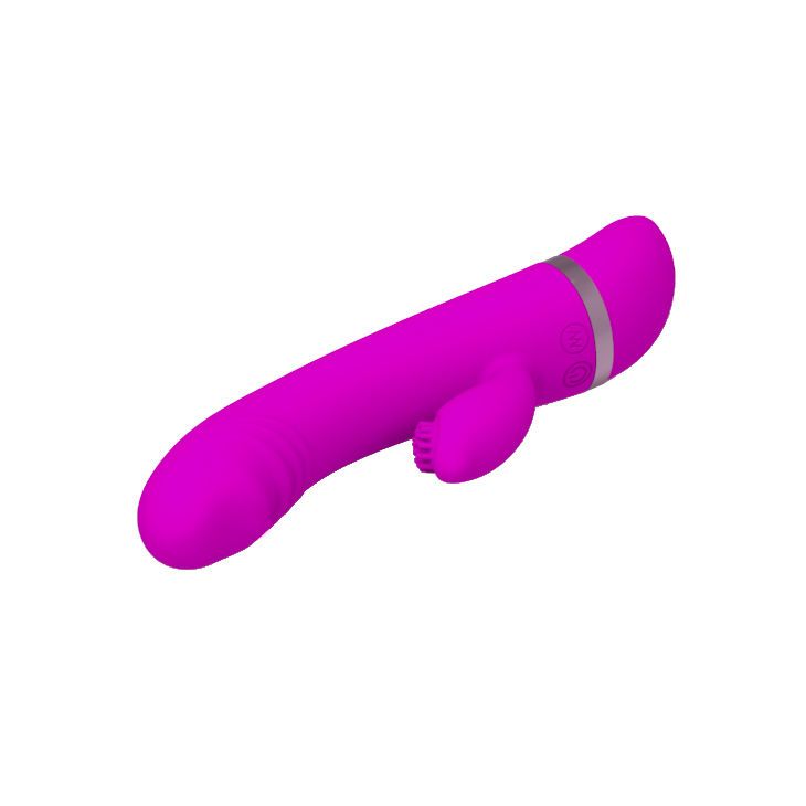 Lila Vibrator mit gebogener Form. Hat einen strukturierten Teil und einen silbernen Ring.
