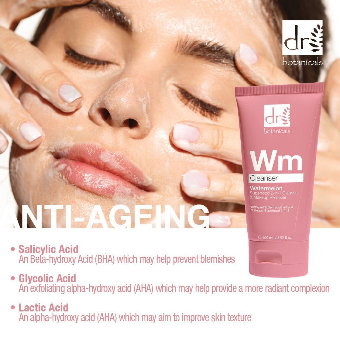 Rosa Tube mit "dr botanicals"-Logo und "Wm Cleanser". Aufschrift: "Watermelon Superfood 2-in-1". Gesicht mit Händen.