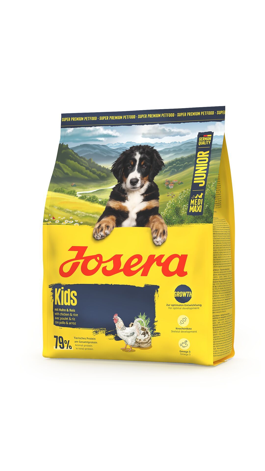 Gelbe JOSERA Junior Kids-Tasche mit Welpenfoto. Text: 'Kids', 'mit Huhn & Reis', '79%'. Deutscher Qualitäts-Siegel.