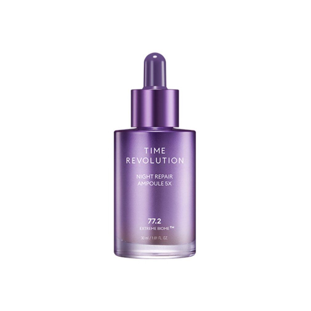 Lila Glasflasche mit Pipettenaufsatz, "Time Revolution Night Repair Ampoule 5X" Aufschrift.