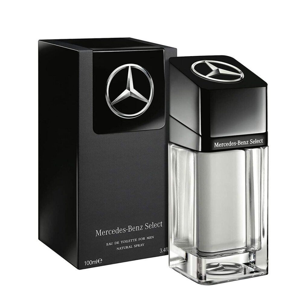 Glasflakon und schwarze Verpackung. Mercedes-Benz Logo und Schriftzug Mercedes-Benz Select. 100ml, Natural Spray. Rechteckige Form.